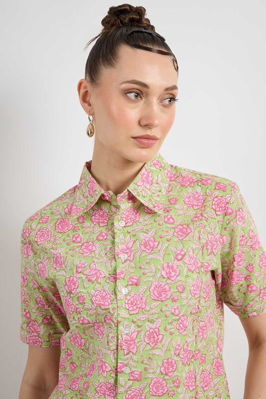 Very Demure Shirt in Green Rosetta print