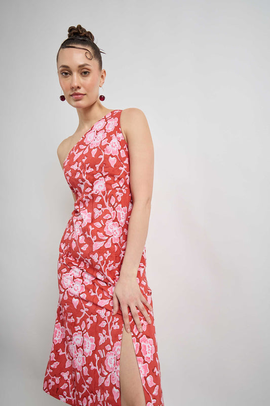 Sundae One-Shoulder Dress in Red Magic Meadow print