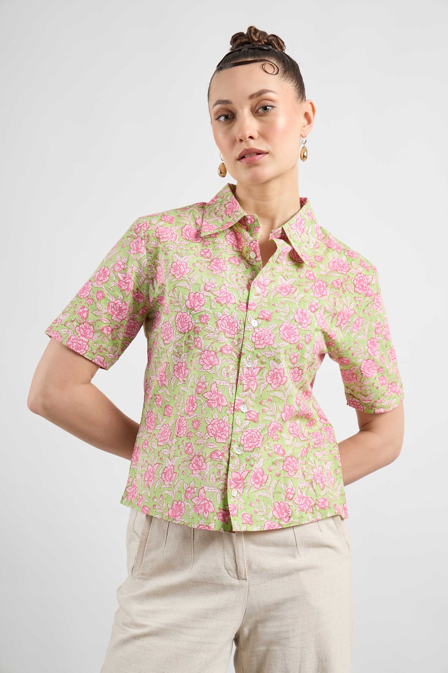 Very Demure Shirt in Green Rosetta print