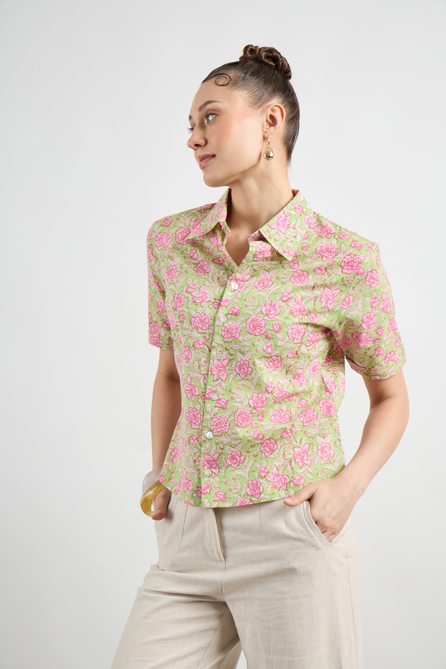 Very Demure Shirt in Green Rosetta print