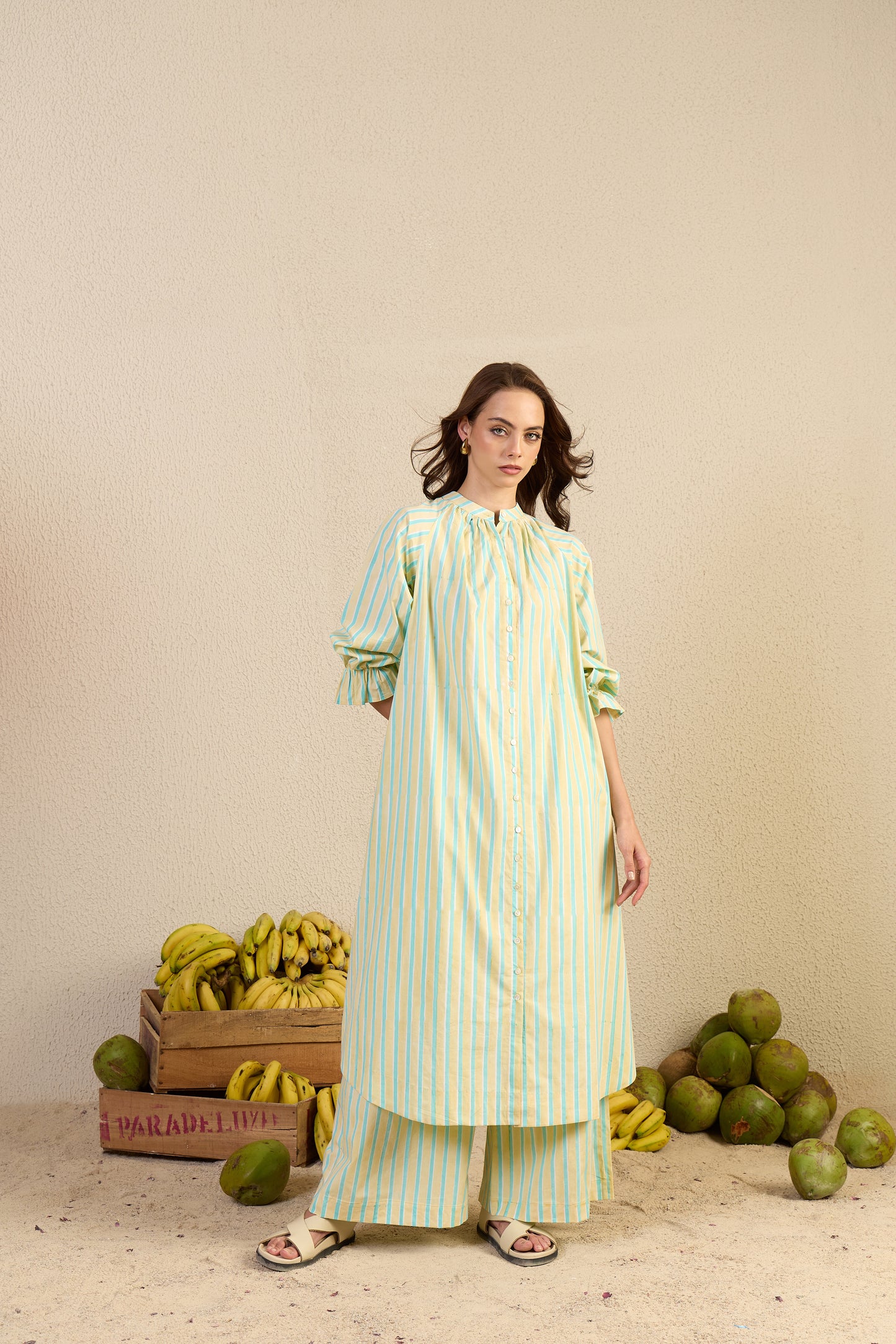 No Stress Set in cream Candy Stripes print