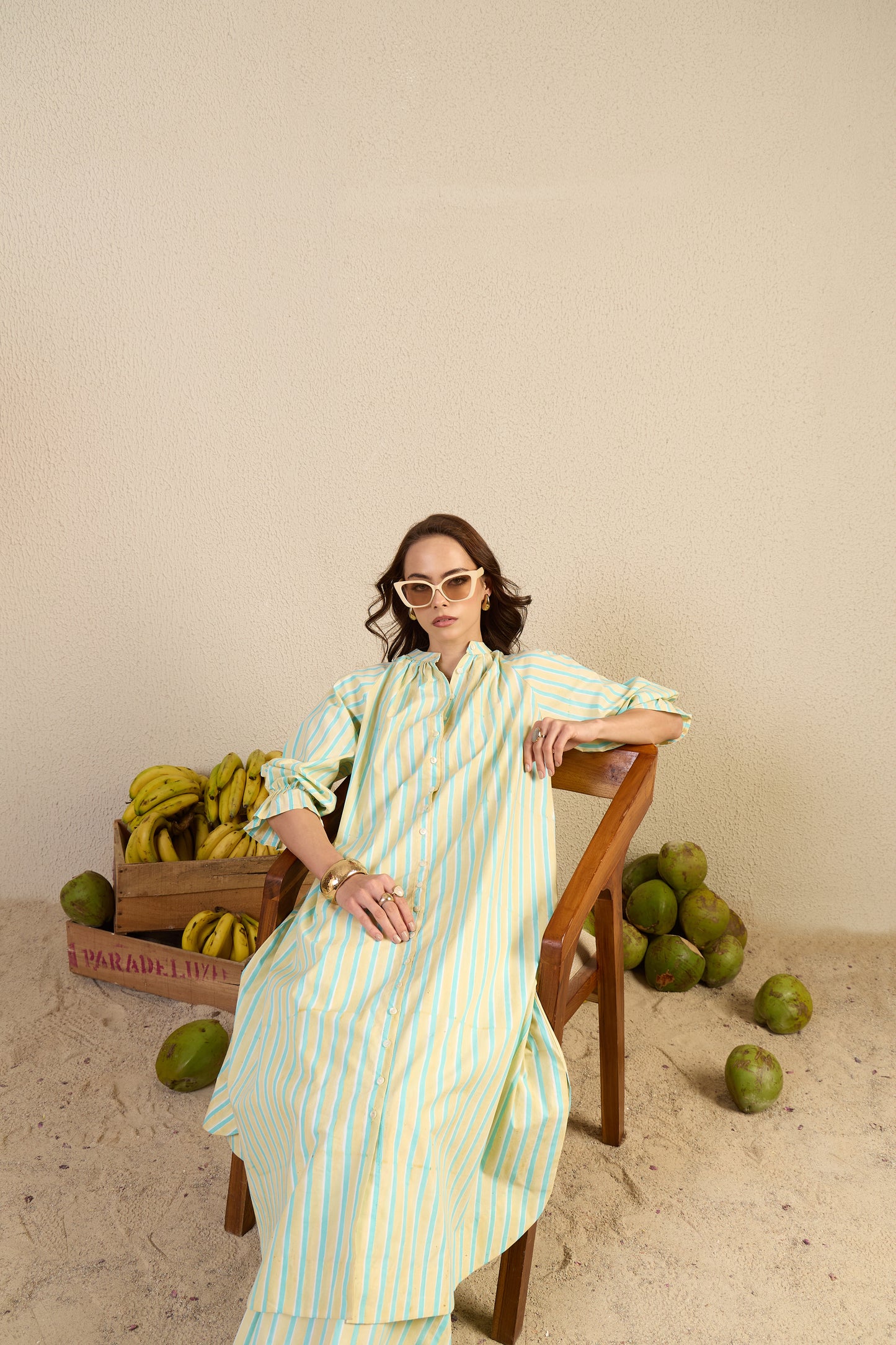No Stress Set in cream Candy Stripes print