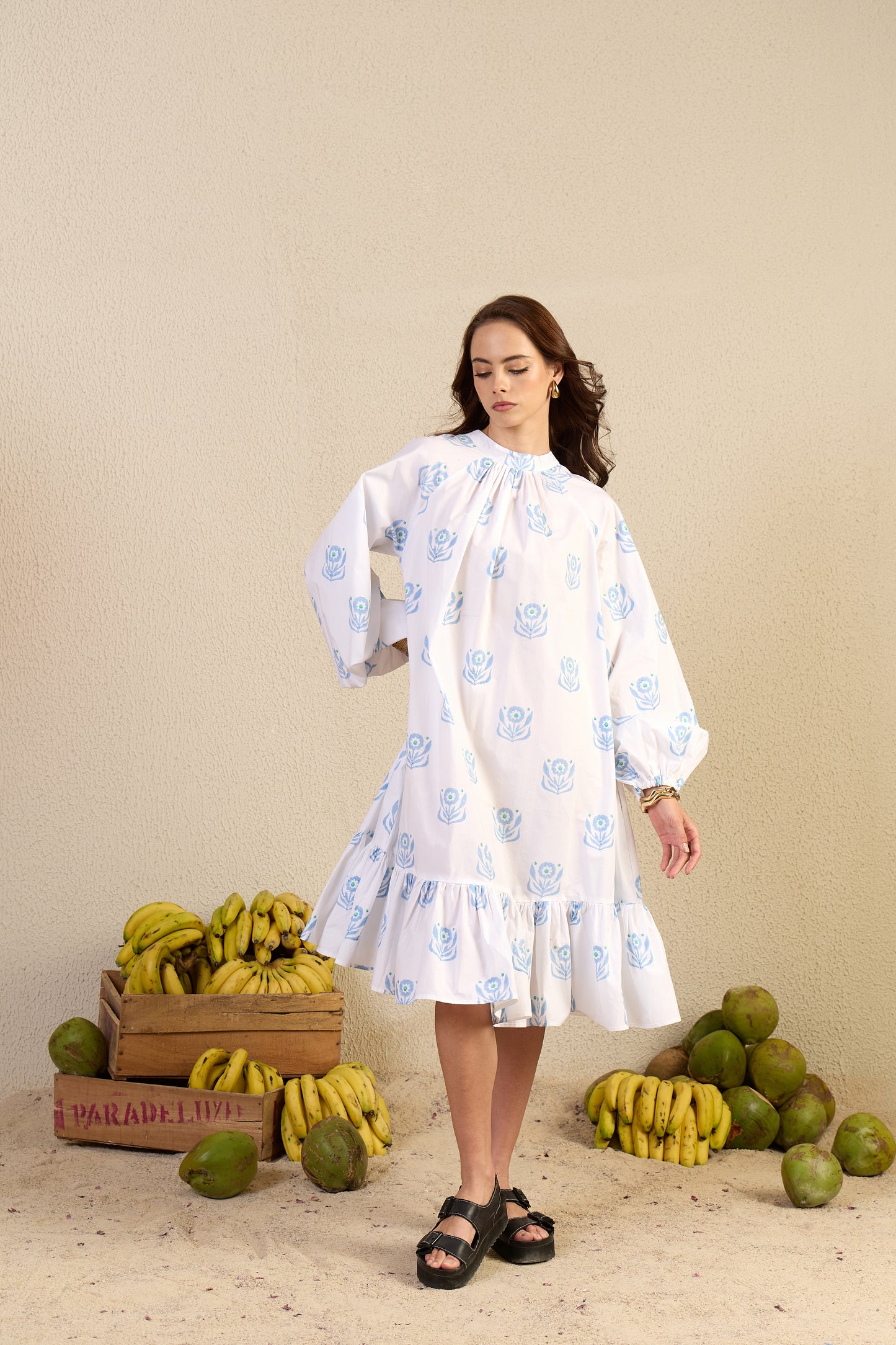 Dream Spinner Dress in White Flower Child print