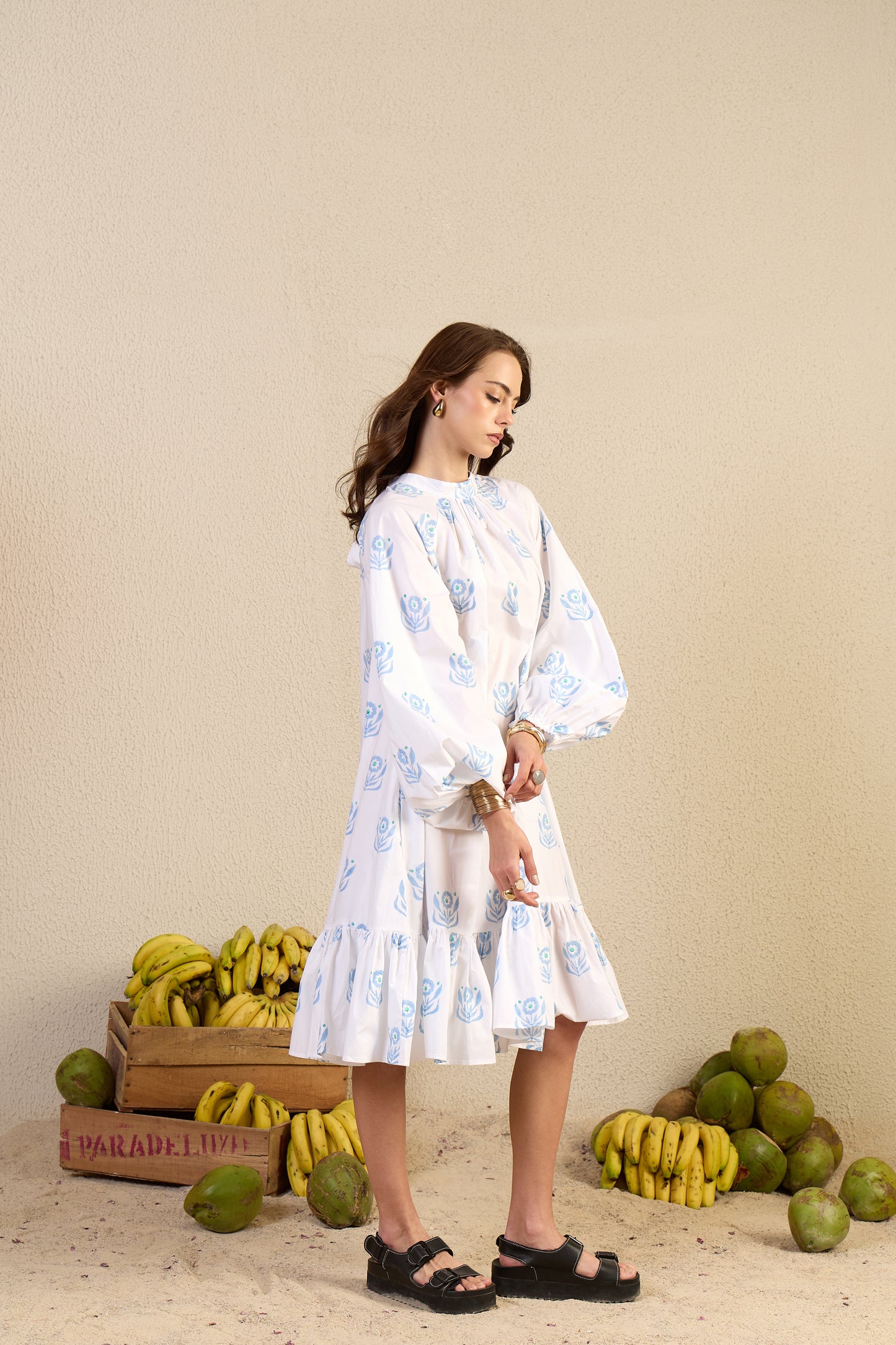 Dream Spinner Dress in White Flower Child print