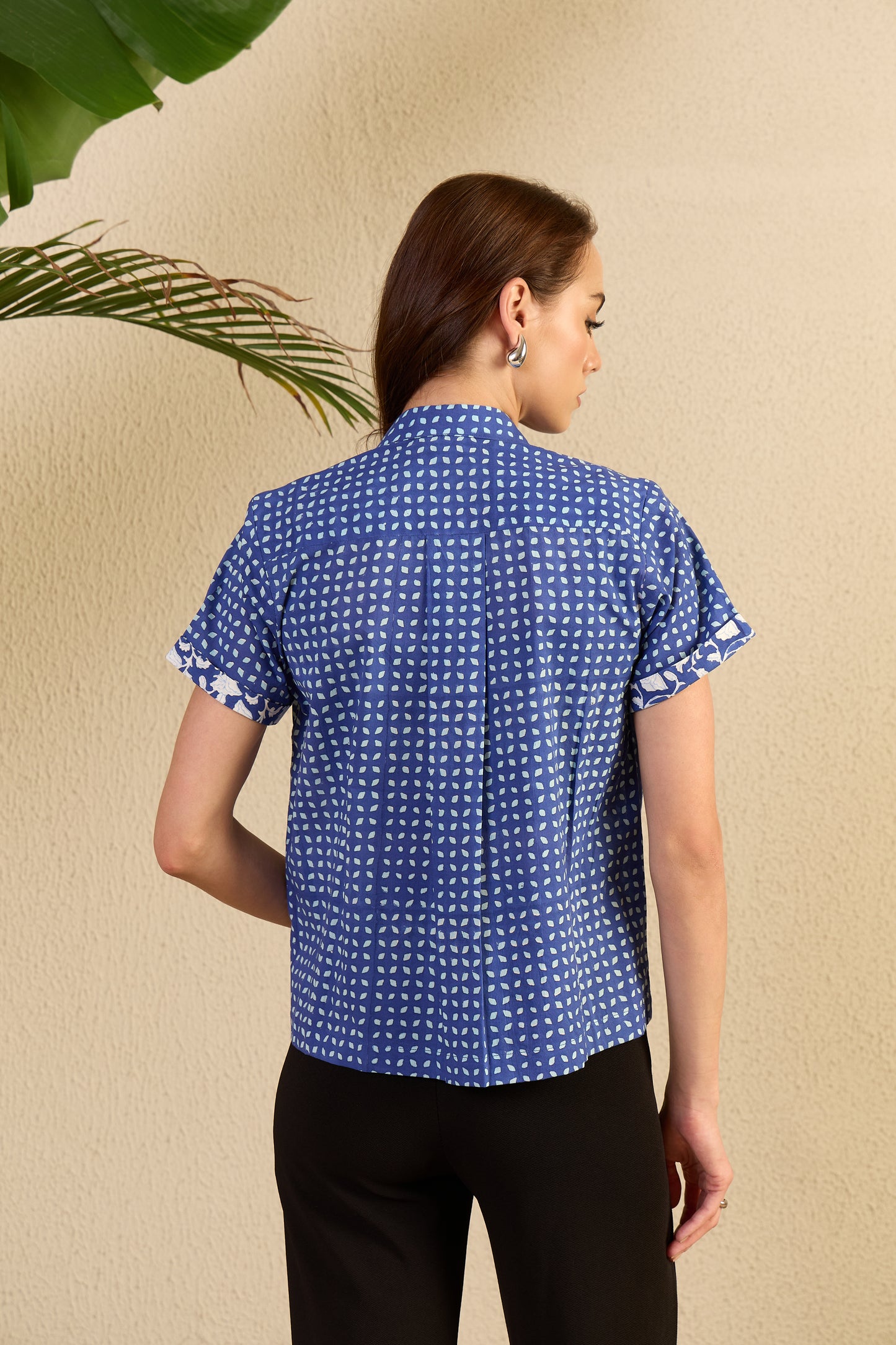 Very Demure shirt in indigo blue Fallen Star print