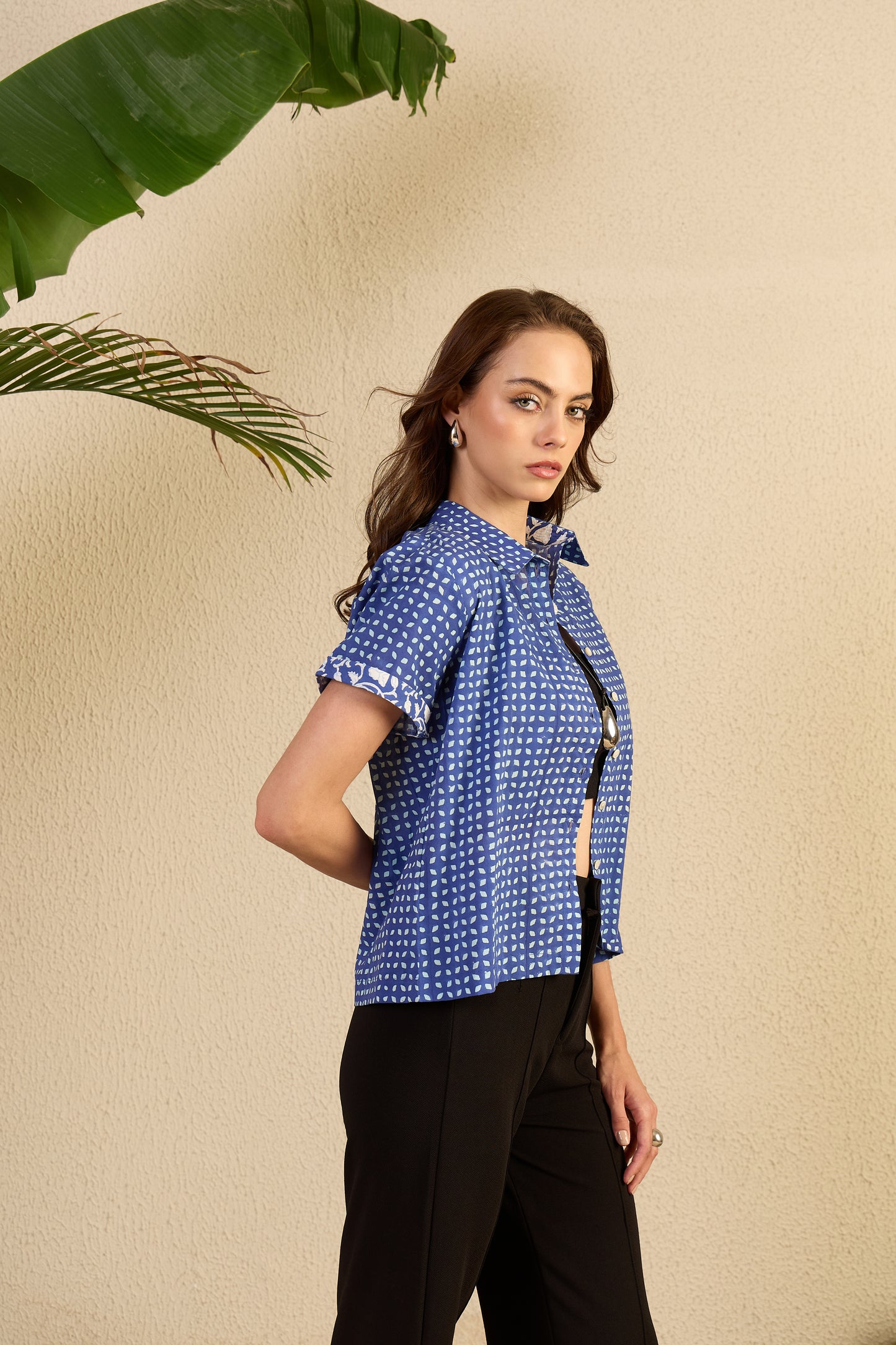 Very Demure shirt in indigo blue Fallen Star print