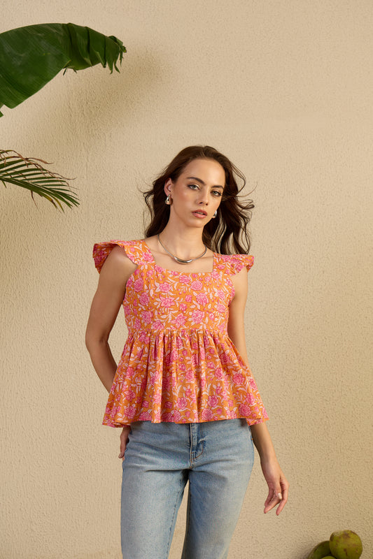 Mixed Feelings Top in orange Rosetta print